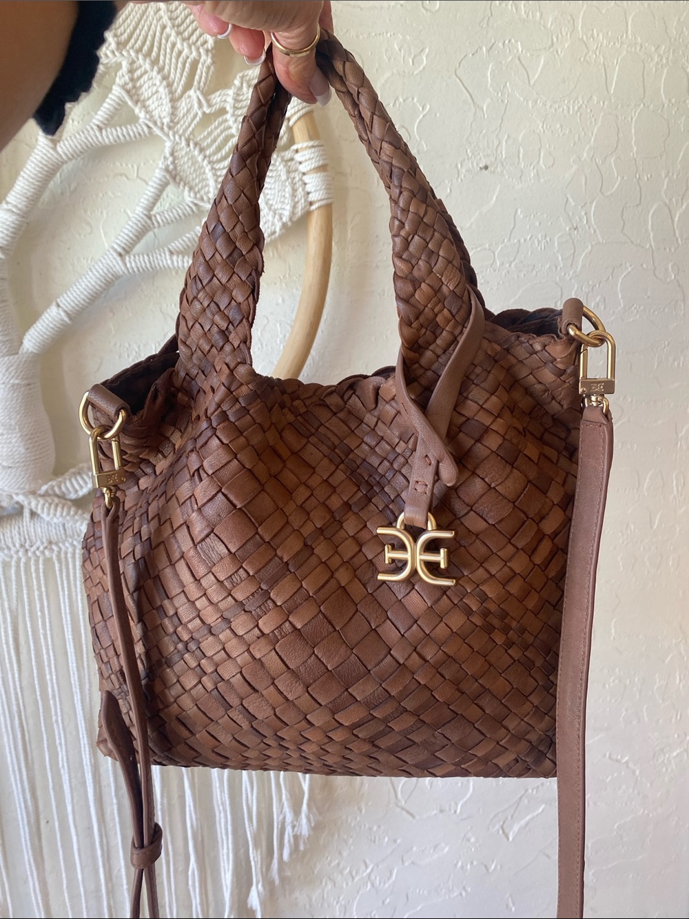 New! Sam Edelman Woven Leather Shoulder Bag in Brown with Gold Hardware